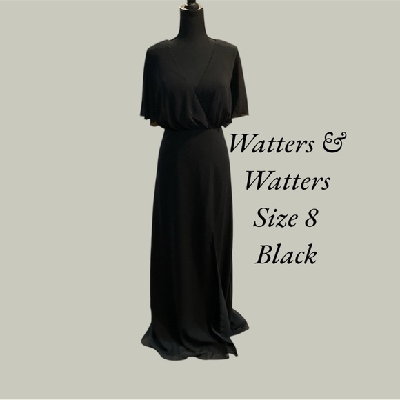 WATTERS & WATTERS BLACK FULL LENGTH FORMAL WITH SQUARE OPEN BACK SIZE 8 PRE WORN - Picture 1 of 2